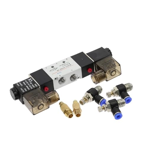 Doppelspule 4V220-08 Luftpneumatik-Magnetventil 5-Wege 2-Position 1/4" 1/8" DC12V DC24V AC110V AC220V mit Zubehör Schalldämpfer(SL10mm-Adjust,DC 24V) von SAEVVCJWW