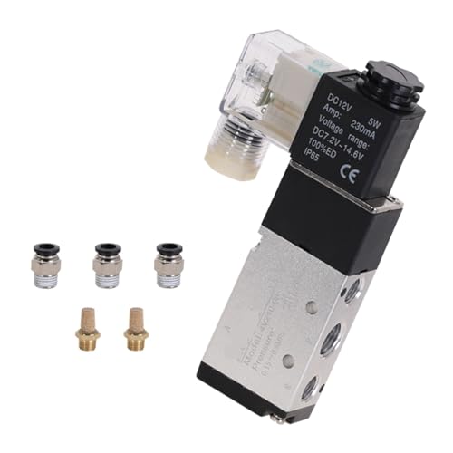 Pneumatisches elektrisches Magnetventil 5-Wege-2-Bit-Steuerluft pneumatisch magnetisch 4V210-08 12V 24V 220V Spulenspannung(4V210-08 w PC6-02,DC12V) von SAEVVCJWW