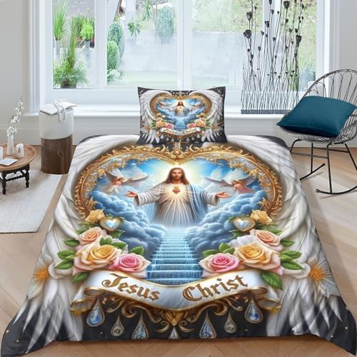SAFGTXHTR Gott Jesus 3D Print Betten Set bunt Bettwäsche Set Microfaser Himmlische Qualität Autotoon Bettbezug Mit 1 Kissenbezug Teilig einfach（135x200cm） von SAFGTXHTR