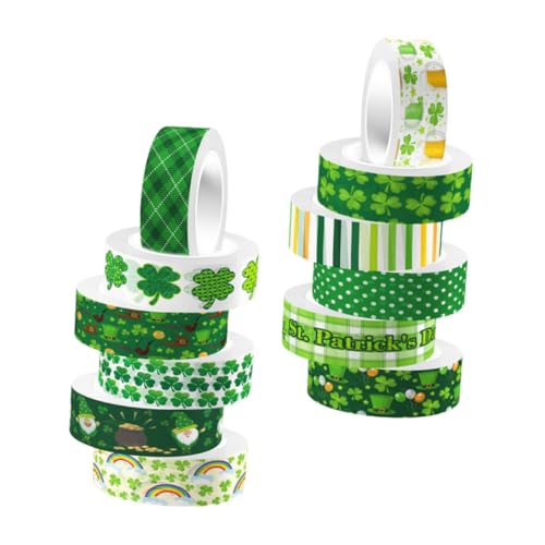 SAFIGLE 12 Rollen Washi Tape mit Kleeblatt motiv Vintage Dekoratives Papierklebeband für DIY Scrapbooking Geschenkbox Gestaltung und Tagebuch Zubehör Transparent Einfach Abreißbar von SAFIGLE