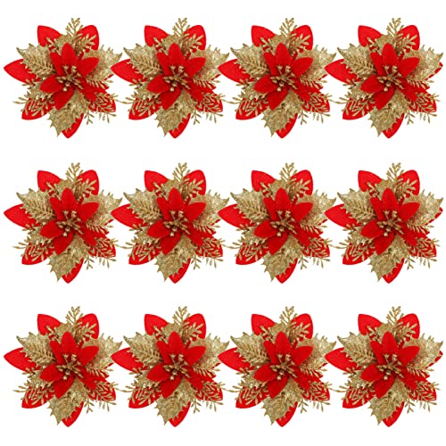 SAFIGLE 12 Stück Glitzernde Weihnachtsstern-Blumen - Kunstliche Glitzer-Weihnachtsstern-Dekorationen für Heim und Party - Wreath-Dekorationen und Weihnachtsbaum-Schmuckstutzen von SAFIGLE