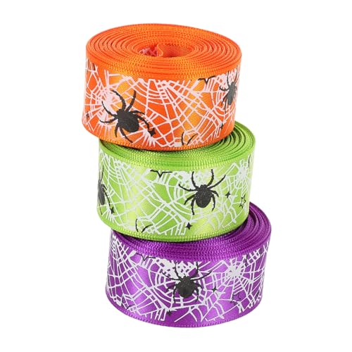 SAFIGLE 3 Rollen Halloween Dekorationsband Polyester Spinnennetz Ripsband Orange Grün Lila für Partys DIY Bastelprojekte und Unvergessliche Halloween Dekorationen von SAFIGLE