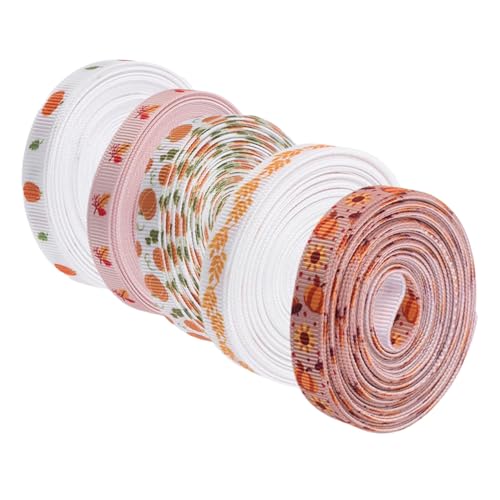 SAFIGLE 5 Rollen Thanksgiving Geschenkband Polyester Herbst Kürbis Ahornblatt Schleifenband für DIY Basteln Verpackung Dekorationen Faderesistent Vielseitig Einsetzbar Herbstliches Design von SAFIGLE