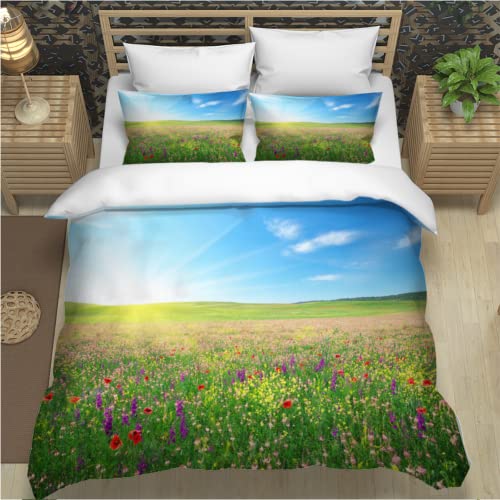 SAGALU Bettwäsche 135x200 Sonnige Blumenwiese Bettwäsche-Sets 3D Kinder Jungs Landschaftspflanzen Einzelbett mit 1 Bettbezug 2 Kissenbezügen von SAGALU