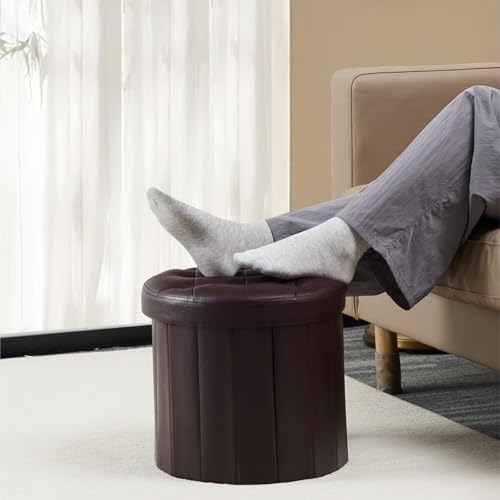 SAGELSHN Fußhocker Fußbank Runder, Faltbarer Fußhocker Aus PU-Leder Mit Deckel Fußablage für Wohnzimmer(Brown (Leather)) von SAGELSHN