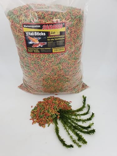 Fischfutter Teichfutter SAHAWA Premium Teichsticks 3-Fach Mix 20 l = 2,3 Kg + 1x Egeria Densa Wasserpest ca. 20 cm Teichpflanze von SAHAWA