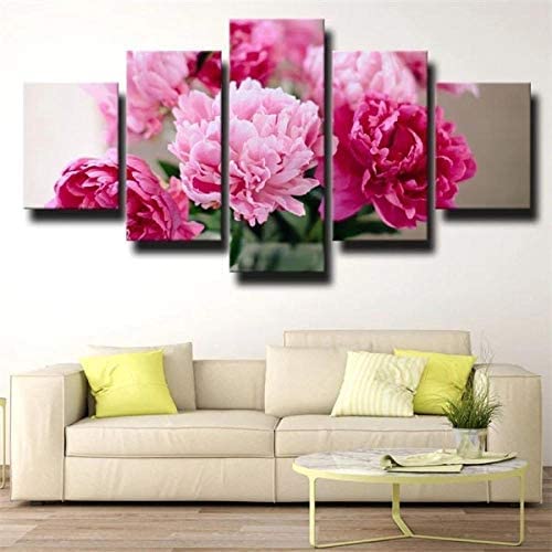 Leinwandbild 5-Teilig Rosa Pfingstrose Blumenarrangement 200X100 Cm / 79"X40" Bild Wanddeko Wand Bild Kunstdruck Deko Wohnzimmer Wohnzimmer Schlafzimmer Büro Hotel Wandkunst Wandbild Poster Foto von SAHROO