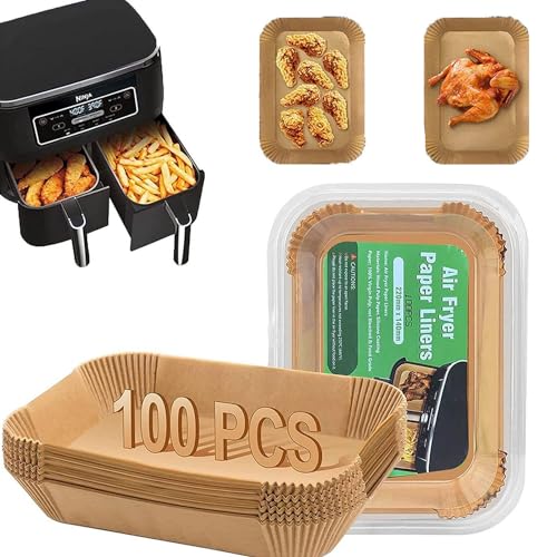 SAEIV Air Fryer Baking Paper 100 Stück, Heißluftfritteuse Backpapier 22x14 cm, Antihaft Wasserdicht Ölfest Einweg Airfryer Backpapier, mit Ninja AF300EU und Anderen Dual Zone Heißluftfritteuse von SAEIV