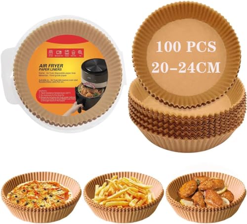 SAEIV Airfryer Backpapier, Heißluftfritteuse Backpapier Rund 100 Stück, 20-24CM Air Fryer Baking Paper, Wasserdicht Ölfest Antihaft Einmalig Baking Paper, für Heißluftfritteuse, Mikrowelle von SAEIV