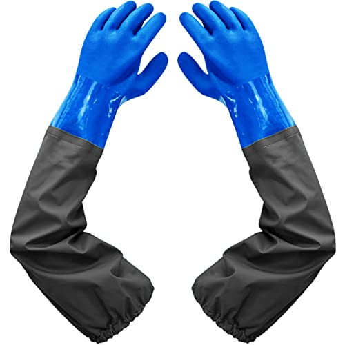 Teichhandschuhe Lang-Fischerhandschuhe-Teichpflege Handschuhe & Arbeitshandschuhe Wasserdicht, PU Handschuhe Sandstrahlen, Beständig Säuren und Laugen, 65cm (Blau) von Haiou