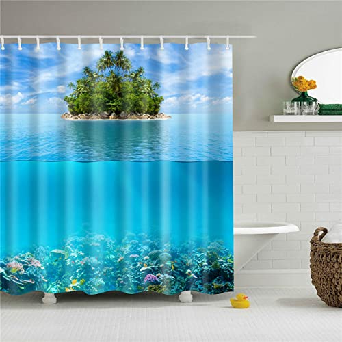 SAJEGBJ Duschvorhang Blau Meer Bäume Badevorhang Wasserdicht Schimmelresistent Polyester 3D Gedruckt Duschvorhang Mit 12 Haken Sichtschutz Für Zuhause Und Badezimmer 180X230Cm von SAIEGBJ