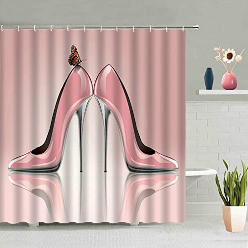 SAJEGBJ Wasserdichter Duschvorhang Pink High Heels Muster Duschvorhang Textil 3D Digitaldruck Duschvorhang Anti-Schimmel Waschbar Mit 12 Duschvorhang Ring (Keine Matten) 180X230Cm von SAIEGBJ