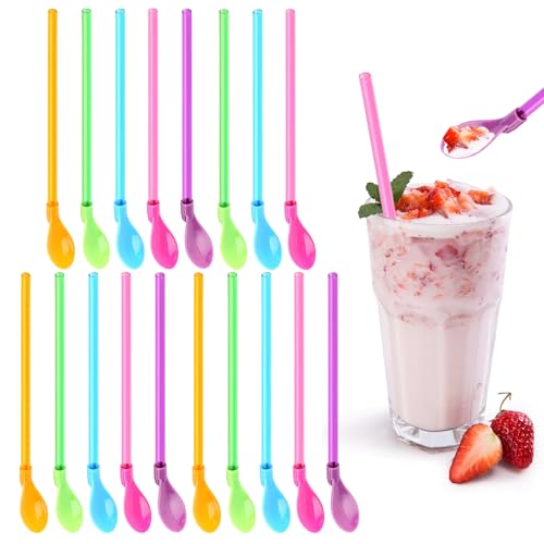 SAIIURV 18 Stück Strohhalme Löffel Wiederverwendbare, 2-in-1 Strohhalme mit Löffel, Bunter Strohhalm-Löffel,Plastik-Strohhalm-Löffel, Löffelstrohhalme für Latte Macchiato Milchshakes Cocktail (18PCS) von SAIIURV
