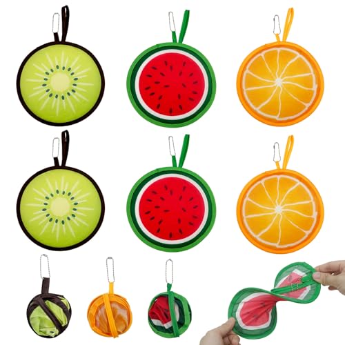 SAIIURV 6 Stück Rund Faltbar Handfächer, Fächer Faltbar, Fächer Rund Faltbar, Faltbarer Fächer, Hand Fan Fecher Damen Wassermelone Kiwi Orange Obst Handfächer Taschenfächer (6 Stück) von SAIIURV