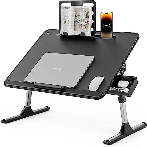 Betttisch Klappbar, SAIJI 60 * 40cm Laptoptisch, Einstellbare Höhe in 5 Stufen, mit Buchständer, Schublade, Lap Stopper, Tablet Schlitz, Notebooktisch für Lesen oder Frühstücks und Zeichentisch von SAIJI