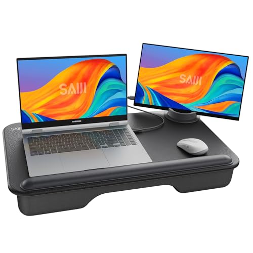 SAIJI Laptop-Schreibtisch – passend für Laptops bis zu 43,2 cm (17 Zoll), leichtes Knietablett, Tischständer mit weichem Leder-Handgelenkpolster, externer Monitorhalter, Schoßschreibtisch mit Kissen von SAIJI