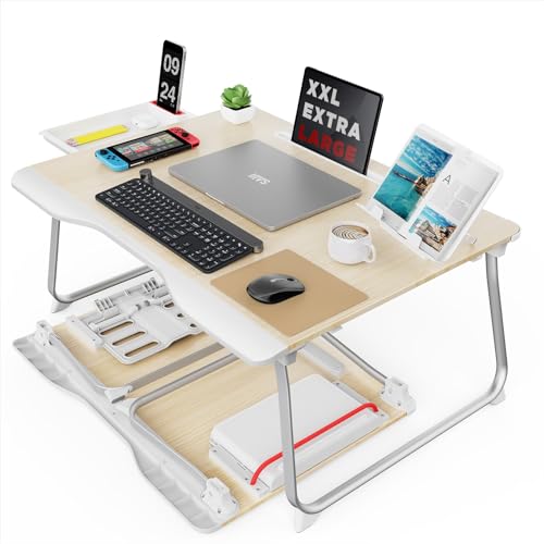 SAIJI Laptop Tablett Bett Tisch, Sstabil XXL klappbar Tisch, für Boden Sofa Essen Arbeiten Spielen Lesen Lernen mit Schublade Buchständer Tablet Handy Ständer (Teak, 65 * 49 * 30cm) von SAIJI