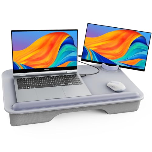 SAIJI LaptopSchreibtisch DesignerDoppelbildschirm robust anhebbarer TelefonTabletSchlitz Bett Couch leicht tragbar Heimbüro PVCLeder Desktop mit Handgelenkauflage Doppelkissen (groß grau) von SAIJI