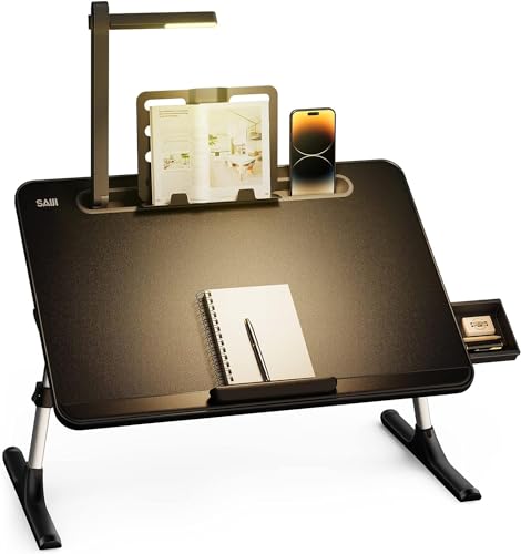 Tisch Bett Laptoptisch, SAIJI Bett Tisch mit LED Lampe, Höhen Winkel verstellbar, mit Buchständer, Schublade, Lap Stopper, Tablet Schlitz, Schlittenbeine von SAIJI