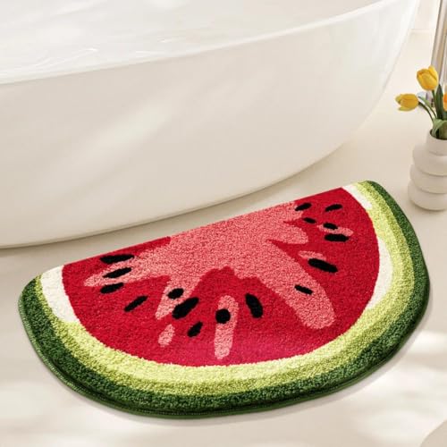 Halbkreis-Badematte in Fruchtform, 80 x 45,7 cm, niedlicher Halbkreis-Badezimmerteppich, weiche, rutschfeste, waschbare Matte für Dusche, Waschbecken, Badewanne oder Eingangsbereich (Wassermelone) von SAIONJI