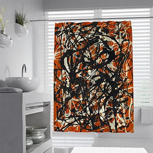SAISEMIHOME Berühmtes Gemälde Gedruckter Duschvorhang Jackson Pollock Orange Abstrakte Schwarze Linie Kunst Wasserdichter Duschvorhang Set mit Haken Durable W150xL200cm von SAISEMIHOME