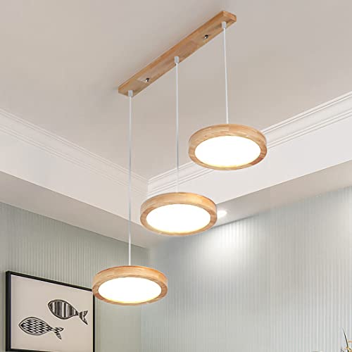 36W LED Pendellampe Runde Holz Esszimmer Leuchte Warmweißes natürliches Licht Modern Acryl Schirm 3-flammig D70cm Hängelampe Vintage Retro Antik Design Deckenleuchte für Esstisch/Wohnzimmer/Küche/Büro von SAIVITT