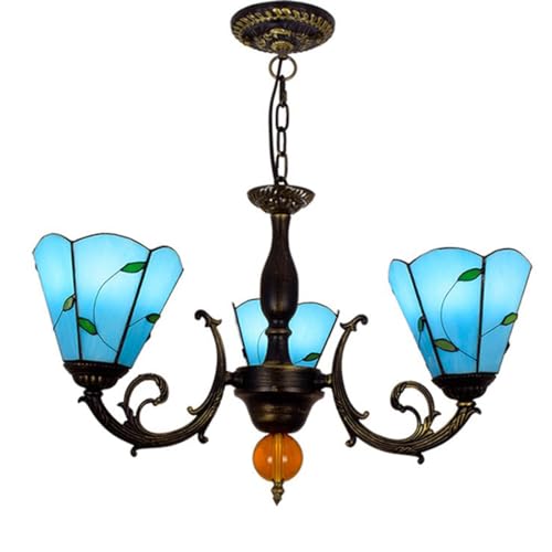 E27 Kronleuchter Pendelleuchte Vintage Blau Mittelmeer Tiffany Esszimmerlampe Rustikal Runde Glas Lampenschirm 3-flammig Antik LED Wohnzimmerlampe Büro Hängeleuchte Verstellbar Deckenbeleuchtung Ø52cm von SAIVITT