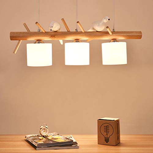 E27 Rechteck Kronleuchter Pendelleuchte Esszimmer Eiche Holz Hängelampe Kreativ Vogel Design Deckenleuchte Küchen insel Bar Esstisch Büro Wohnzimmer Verstellbar Runde Weiß Glas Schirm 3-flammig, L80cm von SAIVITT