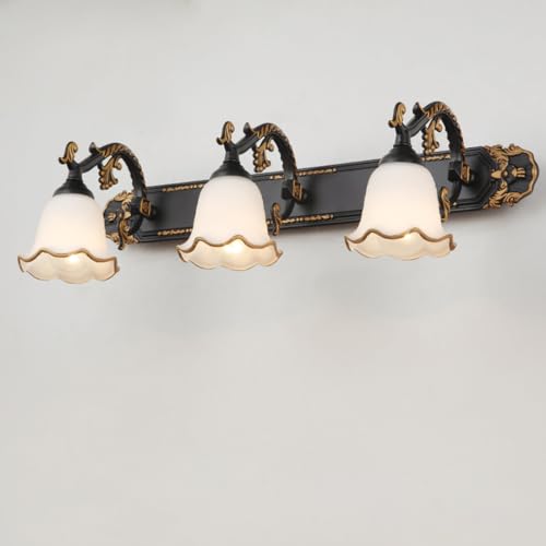 E27 Rustikal Spiegelleuchte Metall Schwarz Gold Badezimmerleuchte Antik Spiegellampe Weißes Licht 6000K LED Innen beleuchtung Glas schirm Modern Industrielle Design Leselampe Elegante Wandlampe, L53cm von SAIVITT