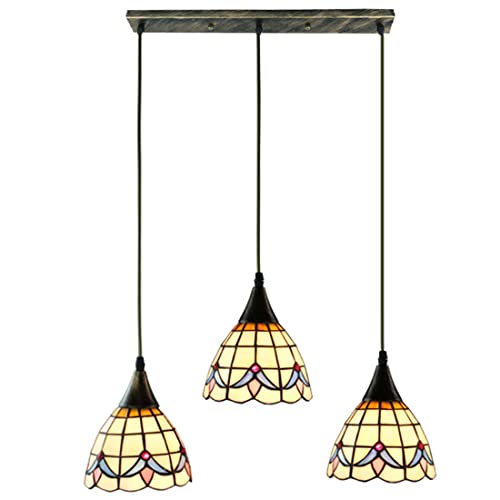 Glas Kronleuchter Rustic Tiffany Esszimmer Lampe 3-flammig Vintage Rustikale Büro Pendelleuchte Rechteckig Retro Mediterranes stil Hängelampe Höhenverstellbar Schlafzimmer Arbeitszimmer Küche, D55cm von SAIVITT