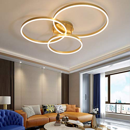 Golden Deckenleuchte LED Dimmbar, Modern Wohnzimmer Lampe mit Fernbedienung, Kreativ Deckenlampe Schlafzimmer, Arbeitszimmer Küchen Esszimmer Leuchte, Runde Ring 3-Flammig, Acryl Schirm, Ø78*50cm, 65W von SAIVITT