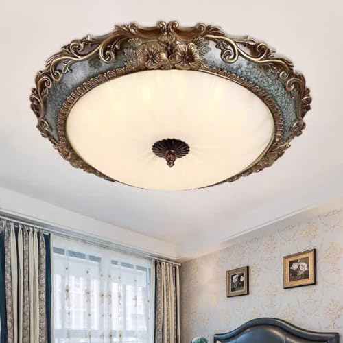 Klassisch LED Deckenleuchte Antik Wohnzimmer Lampe Runde Vintage Schlafzimmer Deckenlampe Weiß Glas Rustikal Bürolampe E27 52cm Weinlese Deckenbeleuchtung Europäischer Harz Dekorative Esszimmer Küche von SAIVITT
