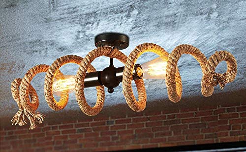LED E27 Deckenleuchte Retro Hanfseil Vintage industrial Design Deckenlampe Schlafzimmer Landhaus Rustikal Wohnzimmer Arbeitszimmer Küchen Lampe Rechteck Spiral-Ring Antik Wandleuchte 2-flammig D70cm von SAIVITT
