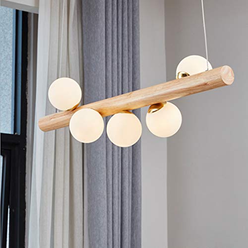 LED Kronleuchter Hängelampe Eiche Holz Modern Esszimmer Esstisch Küchen Wohnzimmer Pendelleuchte Rechteck 5-flammig Rund Weiß Glas Schirm Deckenleuchte Höhenverstellbar Design Lampe L80cm Warmes Licht von SAIVITT