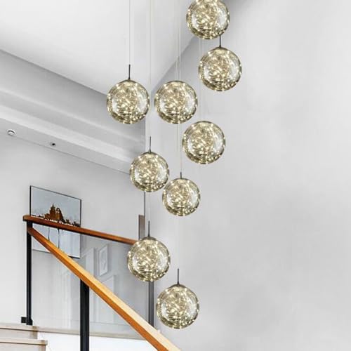 LED Kronleuchter Pendelleuchte Grauer Glaskugel Lampenschirm Modern Treppenhaus-lampe Warmes Licht Silber Metall Esszimmer Wohnzimmer Leuchte Hängelampe 8-flammig Verstellbar Luxus-Deckenlampe D40cm von SAIVITT