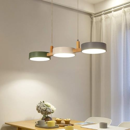 LED Kronleuchter Pendelleuchte Holz Warmweiss Licht Elegante Esszimmer Lampe Rechteckige Grau weiß grüner Schirm Metall Hängelampe Modern für Studie Küche insel Büro Esstisch Deko beleuchtung, L77cm von SAIVITT