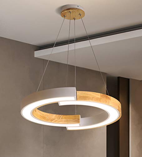 Pendelleuchte Holz LED Esstisch, Hängeleuchte Esszimmer, Holzlampe Rund, Weiß Metall Acryl Schirm, Kronleuchter Einstellbar für Wohnzimmer Studie Küchen bar Modern Ring Deko beleuchtung, L48cm (3000K) von SAIVITT