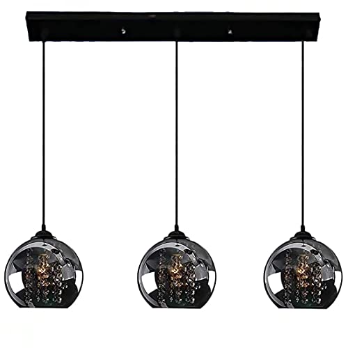 SAIVITT Kristall Esstisch Lampe Pendelleuchte Kronleuchter Höhenverstellbar Modern Rechteck Design LED E27 Esszimmer Hängelampe 3-Flammig Schwarz Glas Kugel Schirm Küche Wohnzimmer Leuchte, D50cm von SAIVITT