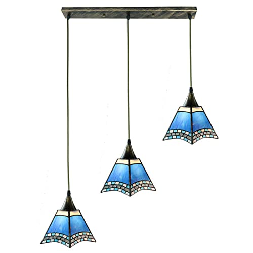 Tiffany Esszimmer Lampe Rustikale Vintage Büro Hängelampe Höhenverstellbar Retro Rechteckig Mediterranes Blau Glas Pendelleuchte Schlafzimmer Arbeitszimmer Küche Kronleuchter Rustic 3-flammig, D55cm von SAIVITT