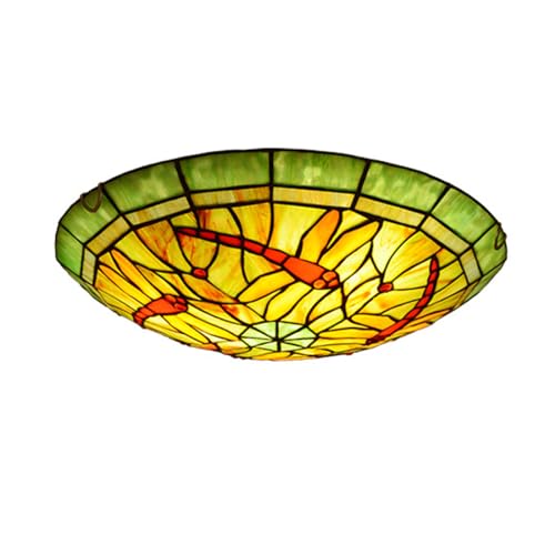 Vintage Deckenleuchte Antik Kreativ Wohnzimmerlampe Tiffany stil Grüne Libelle-Design Innen Deckenbeleuchtung Rustikal Schlafzimmer LED Deckenlampe Retro Rund Gemalt Glas für Büro Küche Balkon (Ø40cm) von SAIVITT