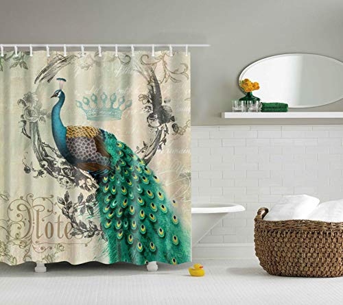 SAJEGBJ 3D Gedruckt Wasserdichtes Duschvorhang Textil Grün Tier Pfau Wasserdichter Polyester-Stoff, Badezimmer-Vorhang, 3D-Druck, Dekor-Duschvorhang-Set Mit 12 Haken 150X180Cm von SAJEGBJ