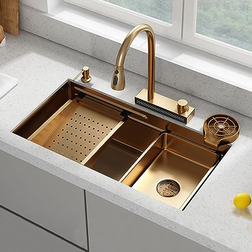 Drop-in-Küchenspüle, Gold-Wasserfall-Spüle, Küchenspüle aus Edelstahl 304, Gemüsebecken mit herausziehbarem Wasserhahn-Ablaufset (Farbe: A, Größe: 60 x 45 cm) von SAJMN