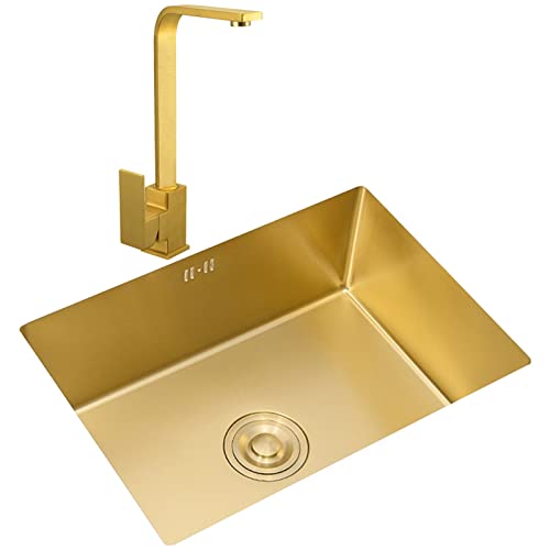 Goldene, rechteckige Barspüle, Küchenspüle aus Edelstahl 304 mit goldener Abtropffläche und Installationskit, 8 Paketoptionen (Farbe: C, Größe: 55 x 40 x 21,5 cm) von SAJMN