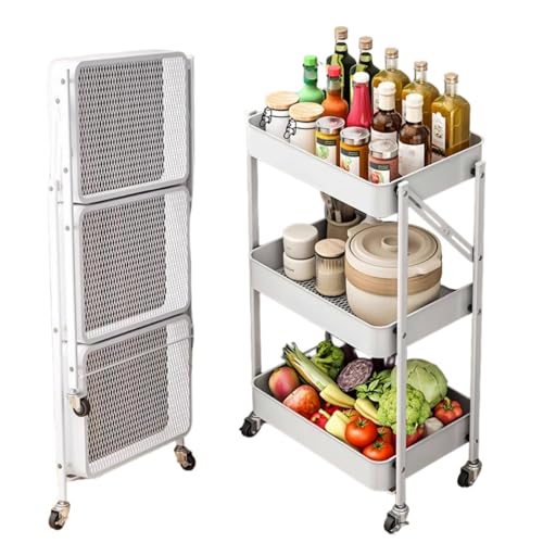 SAKDAK Küche Trolley Schlafzimmer Multifunktionaler Faltbarer Nischenregal Für Geeignet Für Wohnzimmer Büro Waschküchen Bad Aufbewahrungswagen Platzsparend(White) von SAKDAK