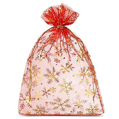 SAKETOS Weihnachten Organza Beutel 5 Stück Stoffsäckchen mit Weihnachts Motiv Geschenksäckchen Organzasäckchen mit Zugband Geschenkverpackung Weihnachts Dekoration I 26 x 35 cm - Rot Weihnachten von SAKETOS