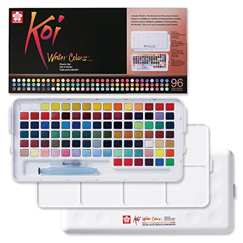 Sakura Koi Water Colors Studio Set, Malkasten mit 96 Näpfen inkl. Metallic-, Perlmutt- und Fluoreszenz-Farben, mit Mischpalette und Wassertank-Pinsel von SAKURA