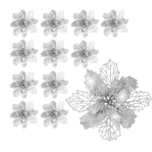 SALADOCY 12 Stück Christbaumschmuck Glitter Poinsettia, Weihnachtsblumen Deko, Künstliche Weihnachtssterne mit Glitzer, Weihnachtsdekoration Blumen für Weihnachtsbaum Blume (Silber) von SALADOCY