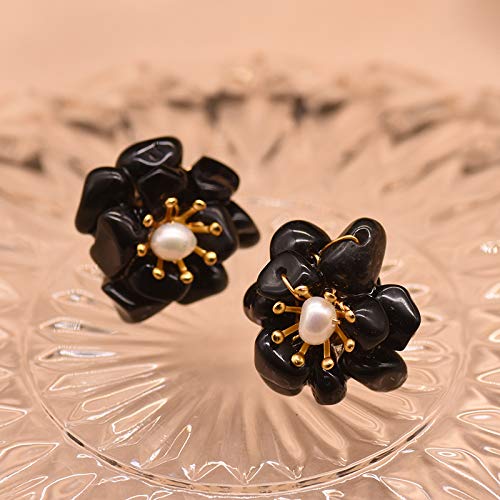 Natürlicher Schwarzer Achat Perlenohrstecker Für Frauen Geburtstagsgeschenk 925 Sterling Silber Blumenohrringe Schmuck von SALAN