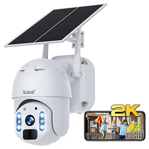 SALATI Überwachungskamera Aussen Akku mit Solarpanel, 2K 4MP PTZ 355°/140° Kabellos WLAN Kamera ​Outdoor mit PIR Bewegungsmelder, Farbnachtsicht, Sirene/Weißlichtalarm, 2-Wege-Audio, Cloud/SD Storage von SALATI