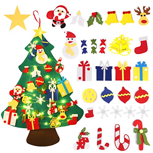 SALCAR 1m Filz Weihnachtsbaum Kinder zum Basteln, DIY Weihnachtsbaum mit 30 Ornamenten und Kupferdraht Lichterkette LED, Weihnachtsges für Kinder von SALCAR